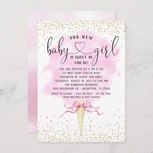 Convite Garota Vê Chá de fraldas De Algodão Dourado Rosa (Frente/Verso)