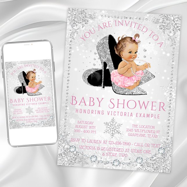 Convite Garota Winter Wonderland Chá de fraldas Rosa Floco (Snowflake high heel shoe baby winter shower invitation. Download and printed invitations available.)