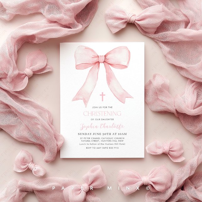 Convite Garotas Arcos Rosa Christening Coquette (Pink Bow Christening Invitation | Girls Coquette Baptism Invitation)