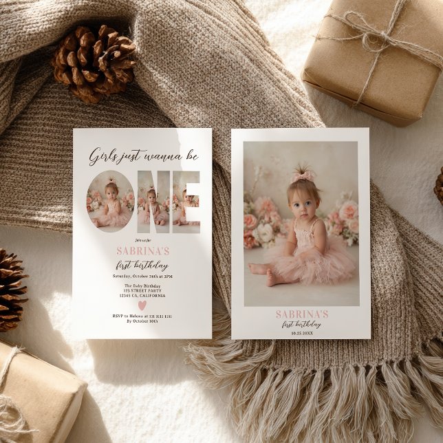 Convite Garotas Chic Just wanna be One Foto Primeiro Anive (Chic Girls Just wanna be One Photo First Birthday Invitation)