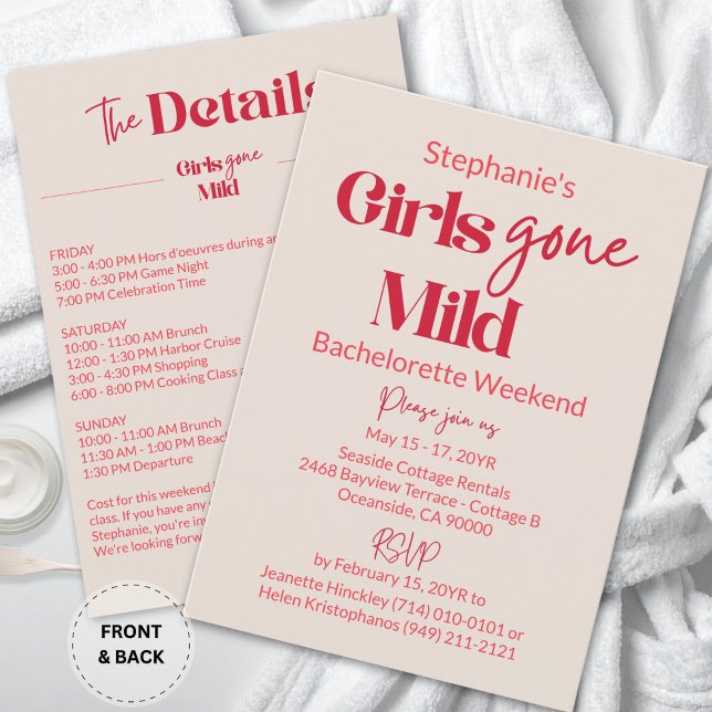 Convite Garotas Comportadas Fim de Semana de Praia da Form (Custom Modern Ruby Red Typography Girls Gone Mild Bachelorette Weekend Invitation)