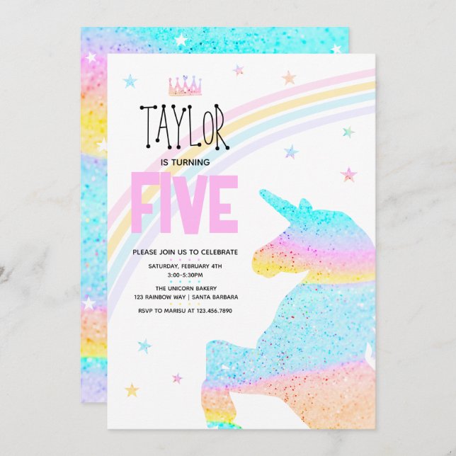 Convite Garotas Cute Rainbow Unicorn Crianças 5 Aniversári (Frente/Verso)