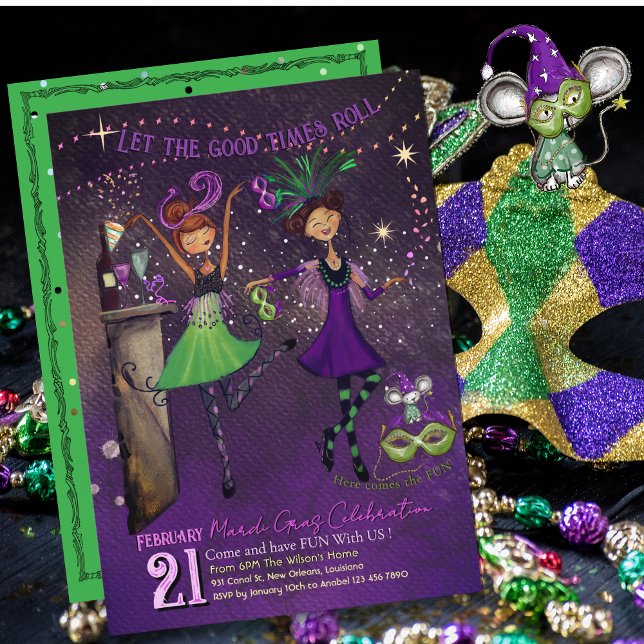 Convite Garotas Dançantes Caprichosas do Mardi Gras Verde  (Whimsical Mardi Gras Dancing Girls Green & Purple Invitation)