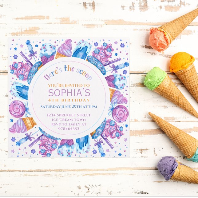 Convite Garotas de aniversário de sorvete Crianças Aqui es (Criador carregado)