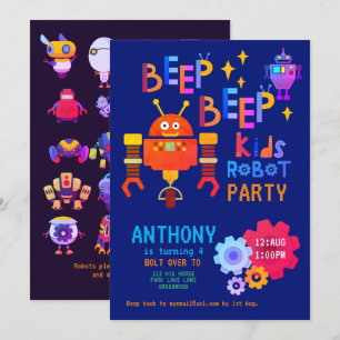 Convite Garotas do Aniversário de criança Neon ROBOT