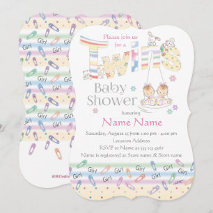 Convite Garotas gêmeas bonitas em Swing, chá de fraldas 