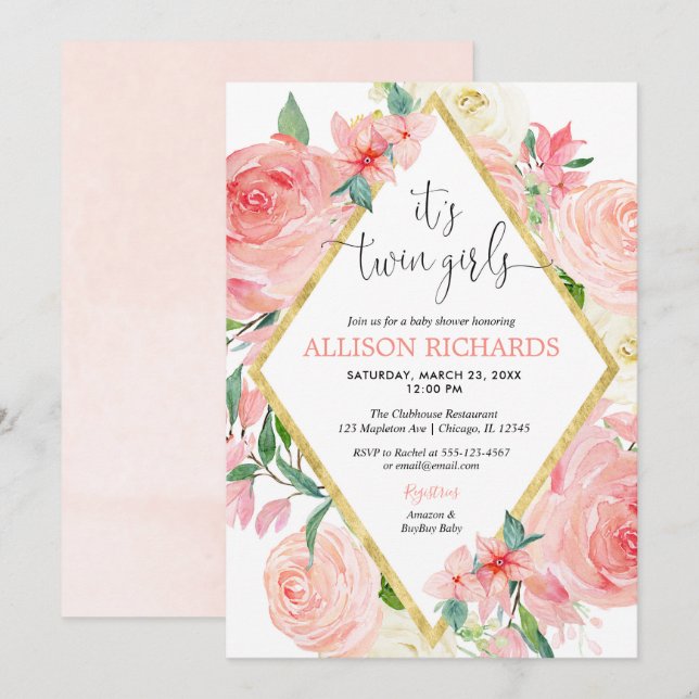 Convite Garotas gêmeas chá de fraldas floral de cor d'água (Frente/Verso)