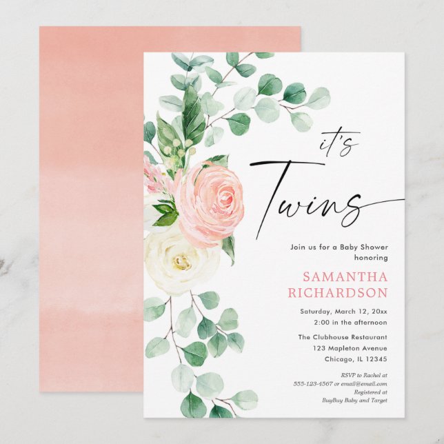 Convite Garotas gêmeas primavera floral chá de fraldas ver (Frente/Verso)