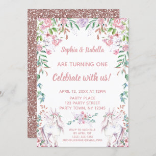 Convite Garotas Gêmeas Unicórnio Brilhante Primeiro Aniver