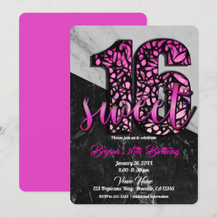 Convite Garotas Marble Preto Rosa Doce 16 Festa de anivers
