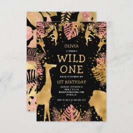 Convite Garotas primeiro aniversario Preto-Rosa Safari