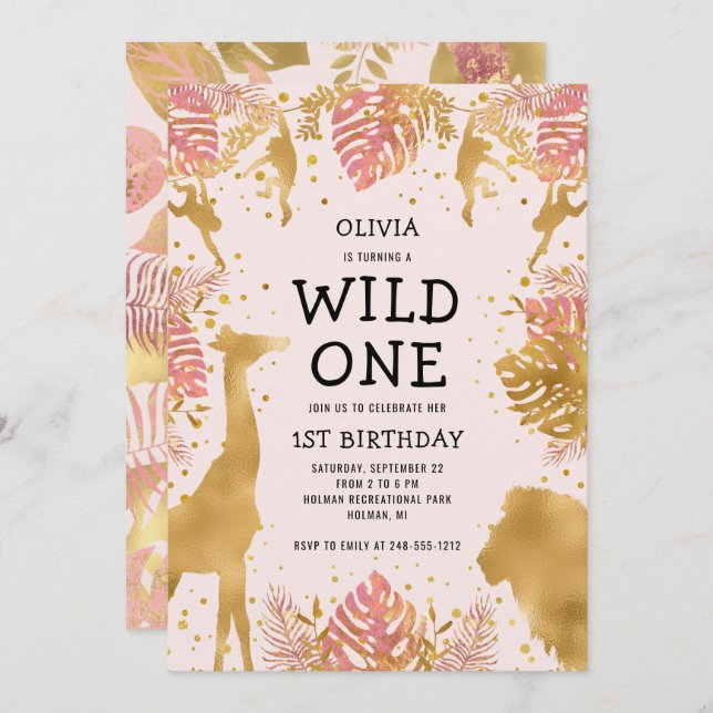 Convite Garotas primeiro aniversario Selva Rosa Safari (Frente/Verso)