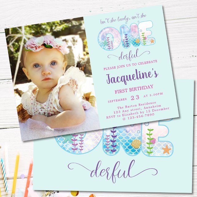 Convite Garotas primeiros aniversarios Sob O Mar Bonito (Girls 1st Birthday pale blue aquamarine birthday invite. Miss ONEderful under the sea with photo.)