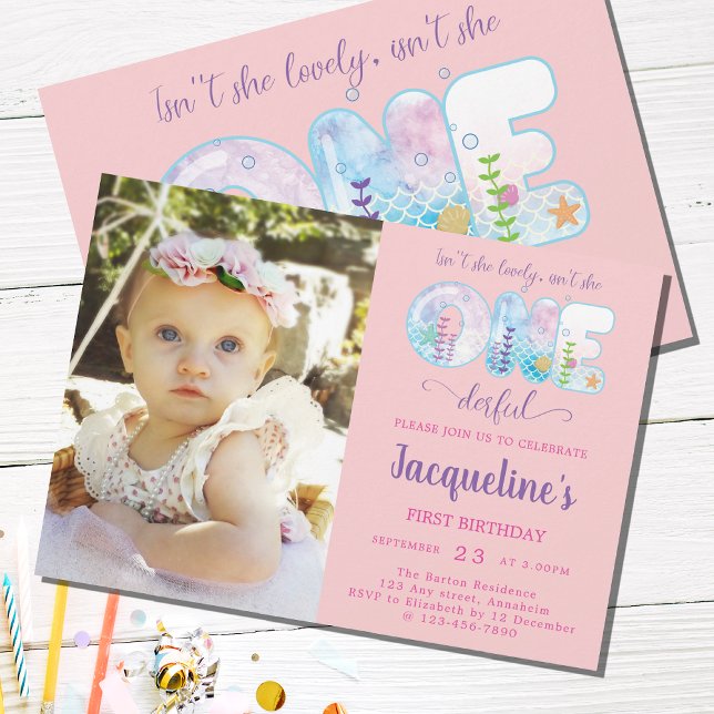 Convite Garotas primeiros aniversarios Sob O Mar Rosa Boni (Girls 1st birthday onederful under the sea pink party invitations with photo template.)