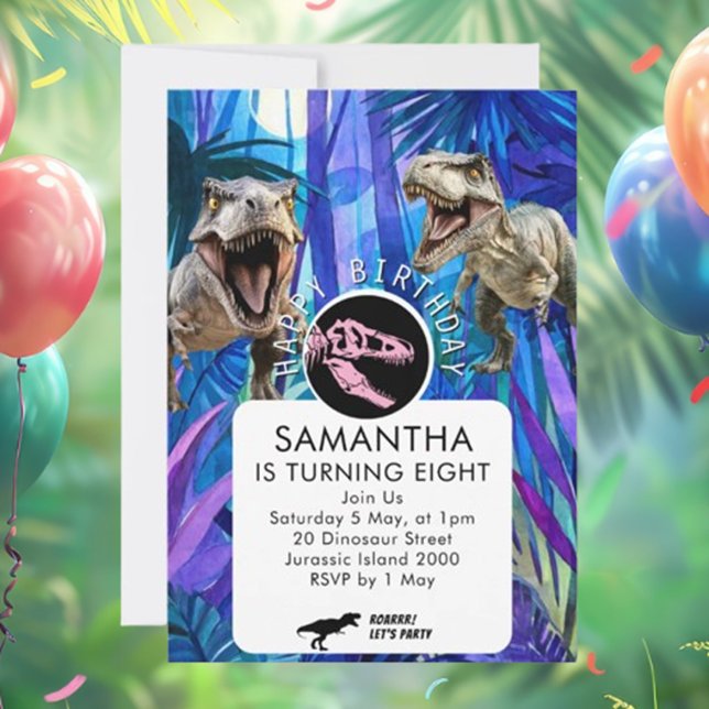 Convite Garotas ROAR-some Festa de Aniversário de Dinossau (Invite guests to an epic dino-themed celebration with our ROAR-some Girls Dinosaur Invitation)