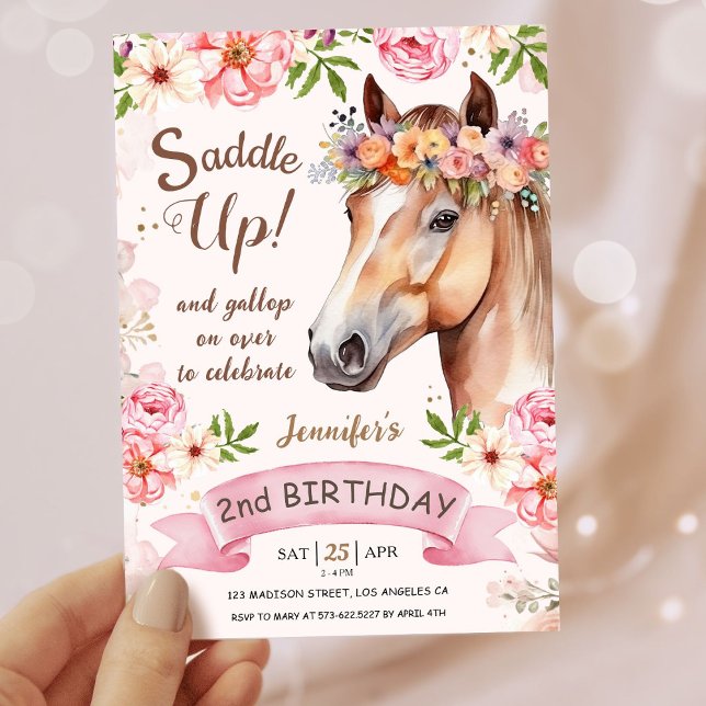 Convite Garotas segundo aniversário Floral Saddle Para Cim (Criador carregado)