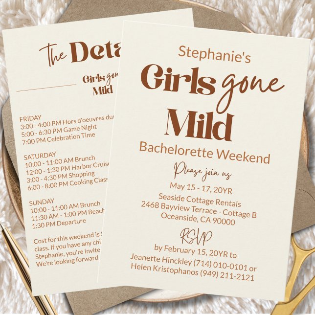 Convite Garotas Sofisticadas Festa de Solteira Fim de Sema (Custom Girls Gone Mild Elegant Brown Ivory Bachelorette Slumber Party Weekend Itinerary Invitation)