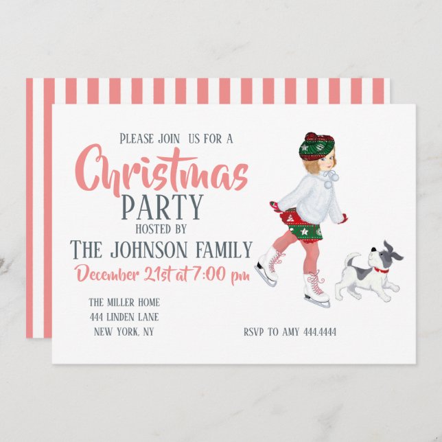 Convite Garotinha adorável patinando no gelo e no cachorro (Frente/Verso)