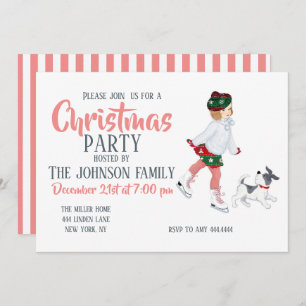 Convite Garotinha adorável patinando no gelo e no cachorro