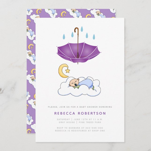 Convite Garoto adormecido chá guarda-chuva roxo (Frente/Verso)