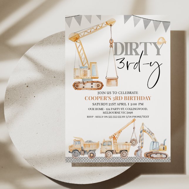 Convite Garoto Amarelo Construção Suja 3º-y aniversário de (Editable Dirty 3rd-y Birthday Invitation Template, Construction Themed 3rd Birthday Invite Modern )
