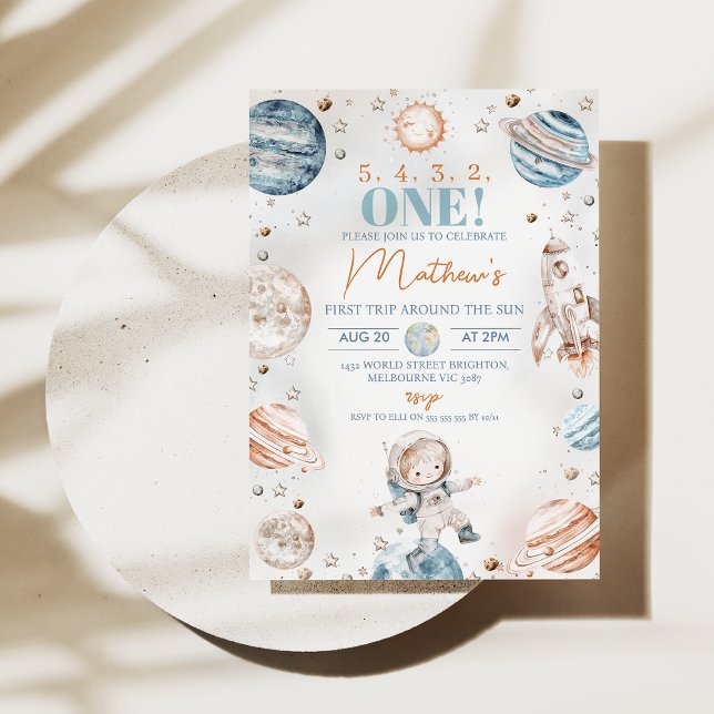 Convite Garoto Astronauta Primeira Viagem Em Torno Do Sol  (Boys First Trip Around the Sun 1st Birthday Invitation Template Instant Download, Astronaut Space)