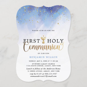 Convite Garoto Azul E Dourado De Aquarela Primeira Comunhã