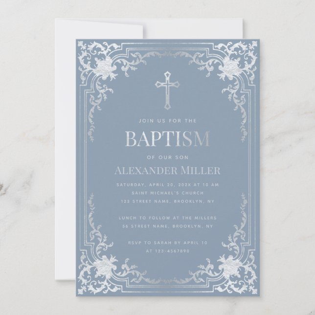 Convite Garoto Baptism Dusty Blue Elegante Faux Silver Vin (Frente)