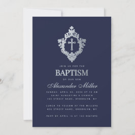 Convite Garoto Baptismo Marinho Blue Faux Silver Crest Vin
