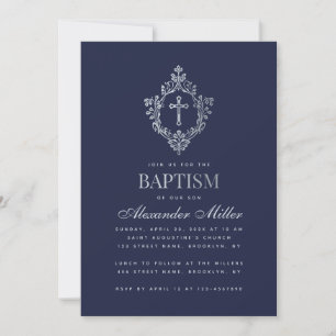 Convite Garoto Baptismo Marinho Blue Faux Silver Crest Vin