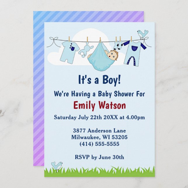 Convite Garoto Bonito no Chá de fraldas do Boho de Clothes (Frente/Verso)