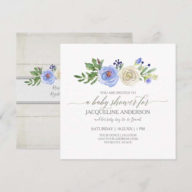 Convite Garoto Chá de fraldas Azul em Rosas Brancas Madeir (Frente/Verso)