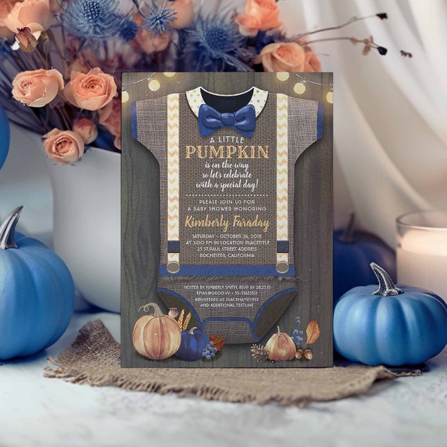 Convite Garoto Chá de fraldas Caiu Pumpkin Russo Burlap Wo (Navy Blue and Orange Rustic Fall Baby Shower Invitations)