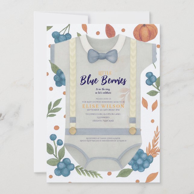 Convite Garoto chá de fraldas de outono, macacão invita (Frente)