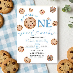 Convite Garoto de Biscoito Doce Primeiro Aniversário Azul