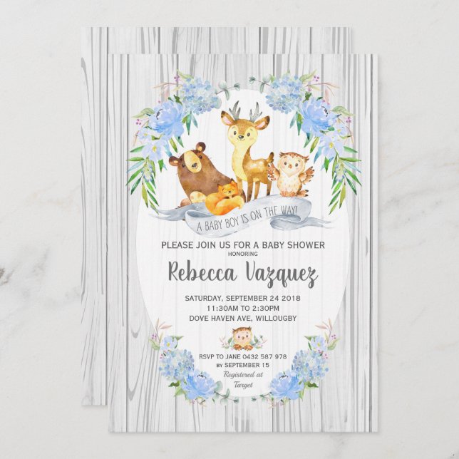 Convite Garoto de Chá de fraldas de Animais da Floresta Fl (Frente/Verso)