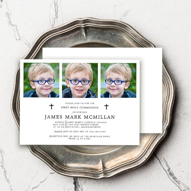 Convite Garoto de Colagem de 3 Fotos da Primeira Comunhão (Criador carregado)