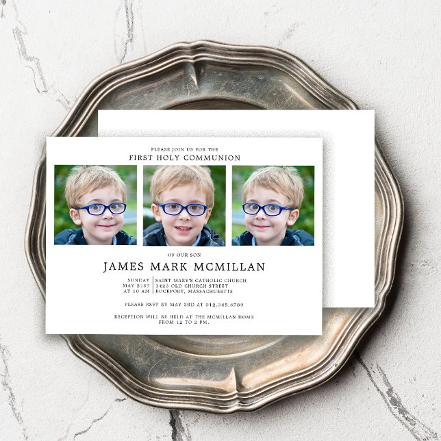 Convite Garoto de Colagem de 3 Fotos da Primeira Comunhão (Criador carregado)