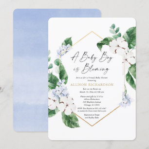 Convite Garoto de ouro floral azul-chá de fraldas de prim
