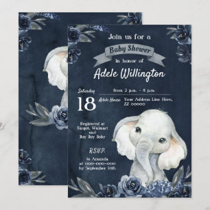 Convite Garoto Elefante Marinho Floral Azul Bebê