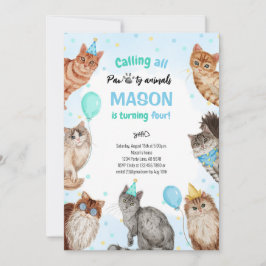 Convite Garoto Gato Animais Pawty Aniversário