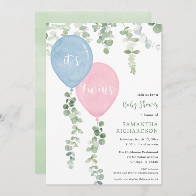 Convite Garoto gêmeo chá de fraldas de balões rosa azul (Frente/Verso)