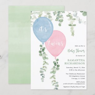 Convite Garoto gêmeo chá de fraldas de balões rosa azul