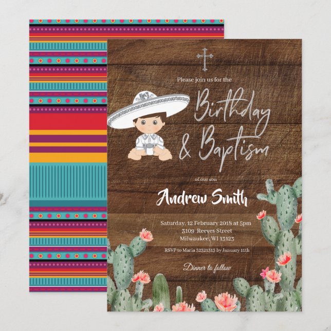 Convite Garoto mexicano Silver Charro Birthday e Batismo (Frente/Verso)