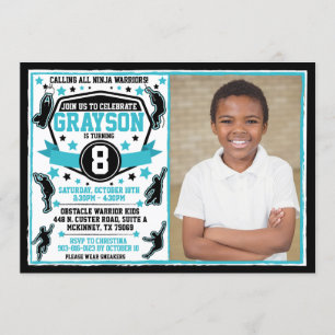Convite Garoto Ninja Warrior Preto e Azul Turquesa Foto