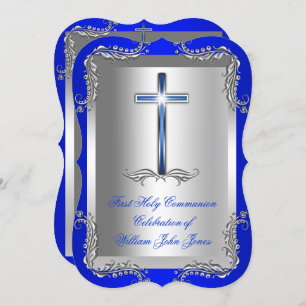 Convite Garoto Primeira Comunhão Prateado Real Azul 2T