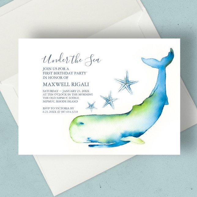 Convite Garoto primeiro aniversario Aquarela (1st birthday under the sea watercolor whale and starfish nautical blue)