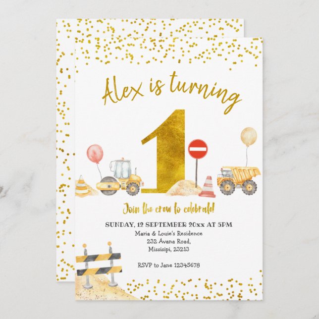 Convite Garoto Primeiro Aniversário de Construção (Frente/Verso)