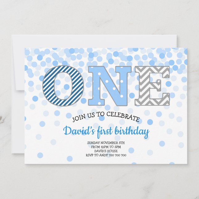 Convite Garoto Primeiro Aniversário Um Confetti Chevron Ci (Frente)