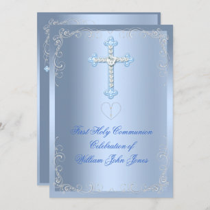 Convite Garoto Primeiro Sagrado Comunhão Silver Blue